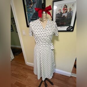 Black and white polka dot wrap dress